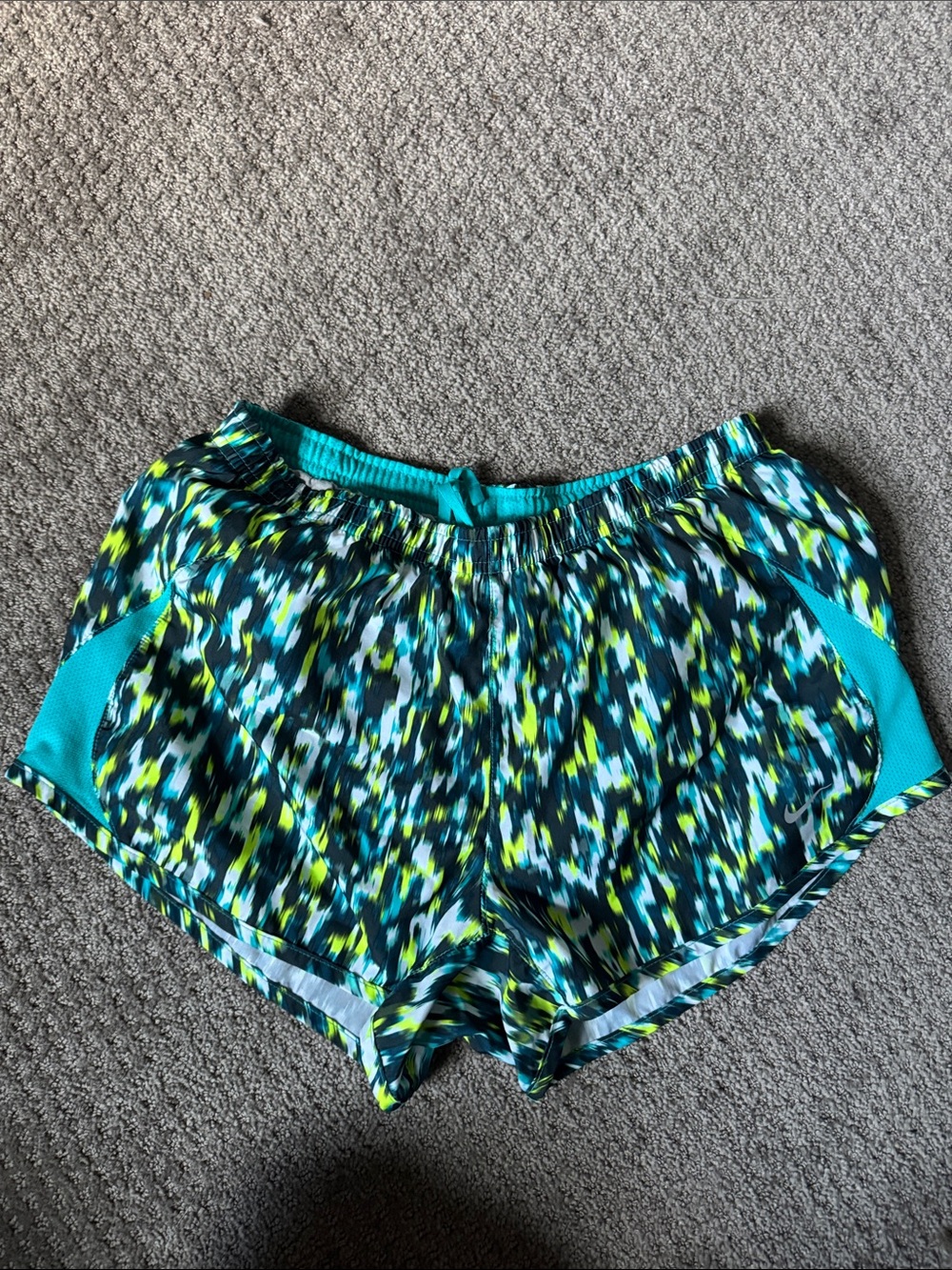 Nike Women's Teal, Lime & Black Abstract Pattern Athletic Shorts